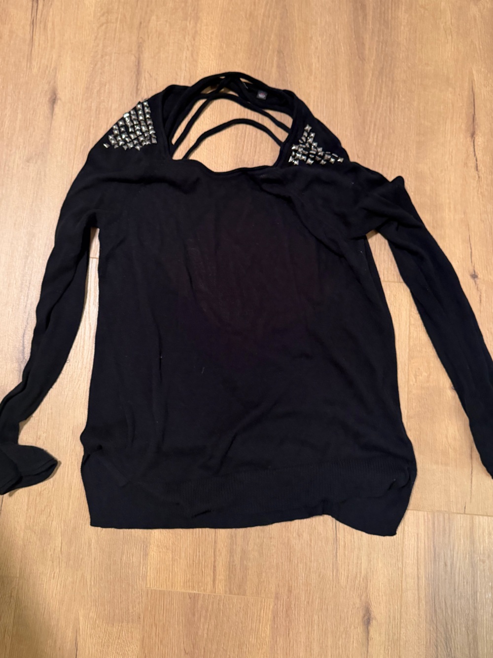 Rock & Republic Black Stud-Shoulder Strappy-Back Long Sleeve Top